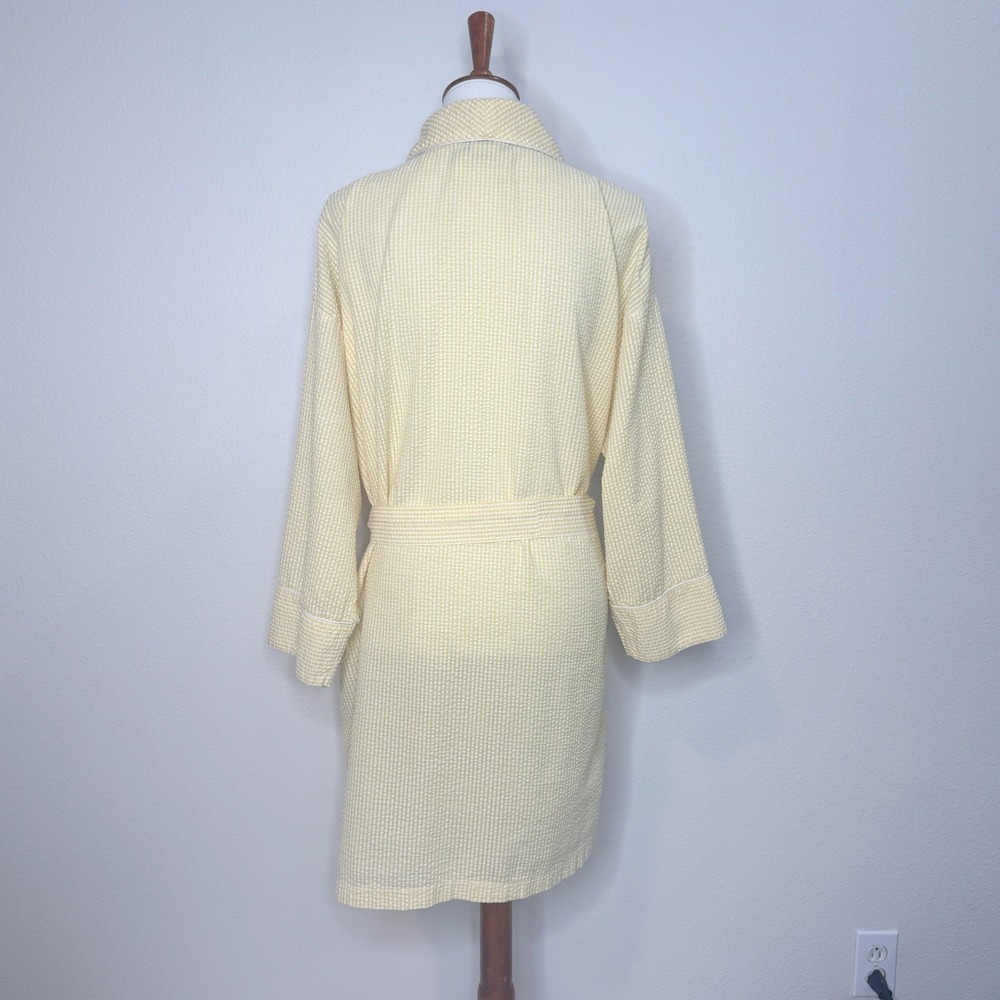 ESLEEP Vintage Seersucker Midi Robe L/XL Yellow White Tie Front Pockets - Picture 7 of 8